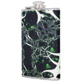 Onvolmaakte witte fractal op zwarte plek, brei heupfles (Links)