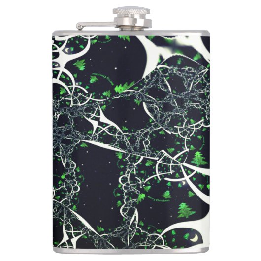 Onvolmaakte witte fractal op zwarte plek, brei heupfles (Voorkant)