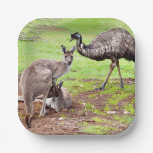 Onwaarschijnlijke vrienden: de kangoeroe en de emu papieren bordje