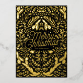 Onyx Black Gold Foliage & Berry kerst Folie Feestdagenkaart (Voorkant)