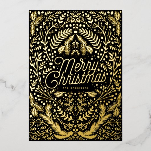 Onyx Black Gold Foliage & Berry kerst Folie Feestdagenkaart (Voorkant)