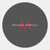 Onyx Black Red Monogram Modern Minimalist Ronde Sticker (Voorkant)
