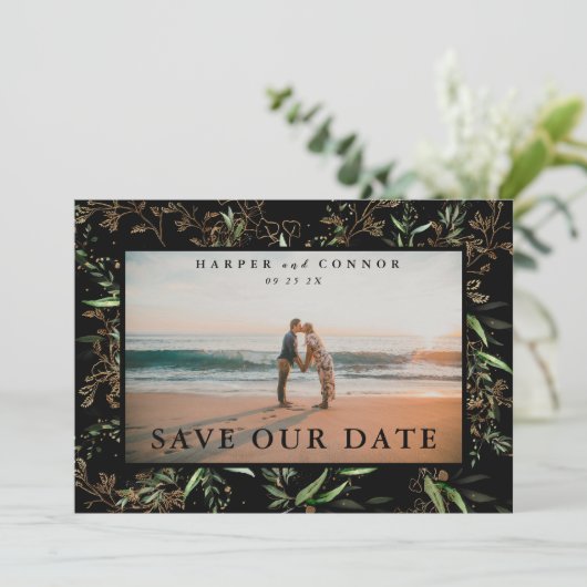 Onyx Elegant Boho Golden Sage Eucalyptus Foto Save The Date (Staand voorkant)