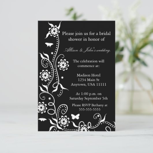 Onyx Floral Swirl Bridal Shower Kaart (Staand voorkant)
