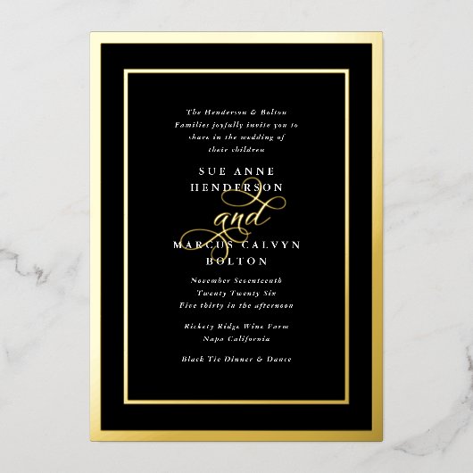 Onyx Formele Kalligrafie Golden Lijsten Bruiloft Folie Uitnodiging (Voorkant)
