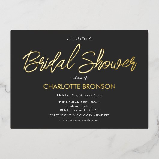 Onyx Minimalistische Script Bruiloft Goud Folie Uitnodiging (Voorkant)