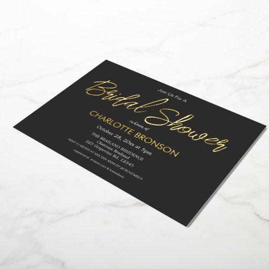 Onyx Minimalistische Script Bruiloft Goud Folie Uitnodiging (Gedraaid)