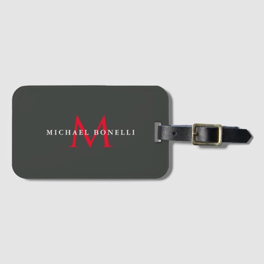 Onyx Zwart Rode Monogram Moderne Minimalist Bagagelabel (Voorkant (horizontaal))