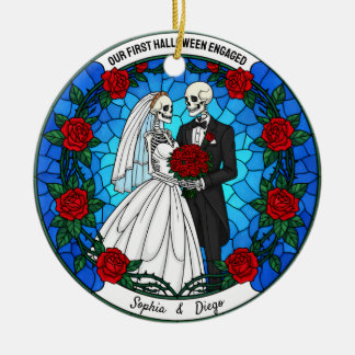 Onze 1e Halloween verloofde Glas in lood krans Keramisch Ornament