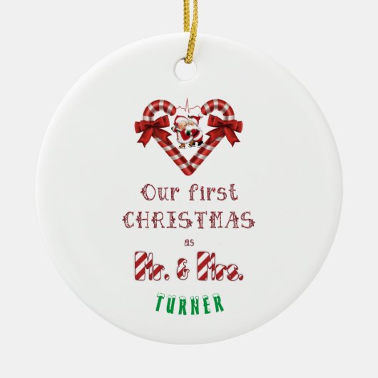 Onze 1e kerst als mijnheer en mevrouw Santa Candy Keramisch Ornament (Voorkant)