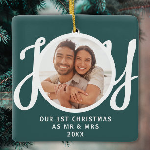 Onze 1e kerst als mijnheer & mevrouw foto groene a keramisch ornament