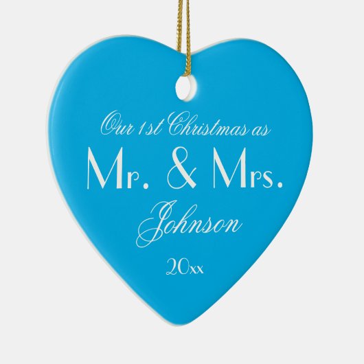 Onze 1e Kerst als Mr & Mrs Script Elegant Blue Keramisch Ornament (Rechts)