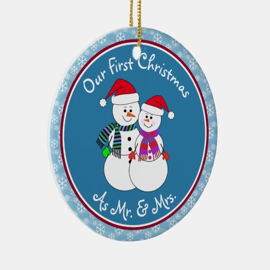 Onze 1e Kerst Getrouwd Gift Leuk Sneeuwkoppel Keramisch Ornament (Rechts)