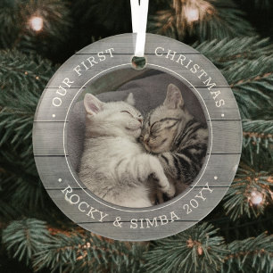 Onze 1e Kerstmis 2 Huisdieren Foto Grijs Nep Hout Glas Ornament