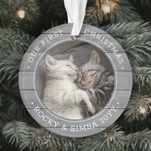 Onze 1e Kerstmis 2 Huisdieren Foto Grijs Nep Hout Ornament
