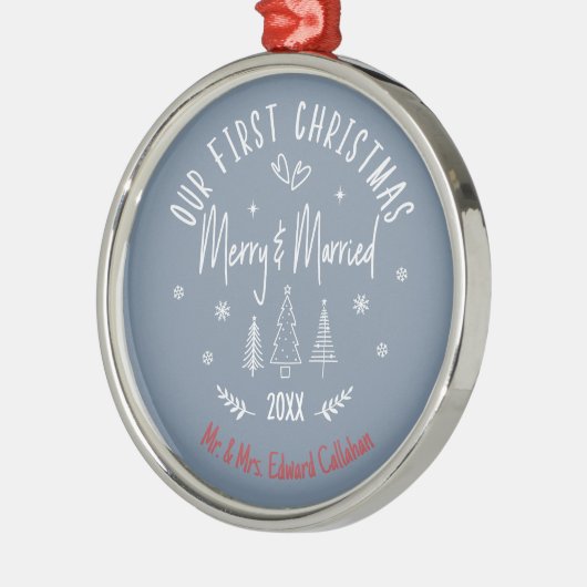 "Onze 1e Kerstmis Getrouwd" Wit Quote Naam Metalen Ornament (Links)