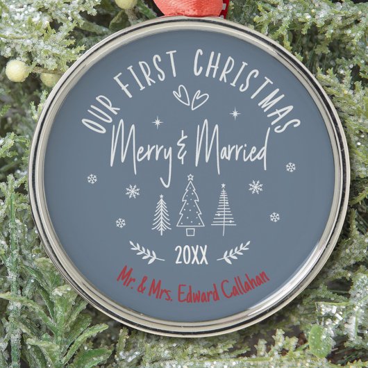 "Onze 1e Kerstmis Getrouwd" Wit Quote Naam Metalen Ornament