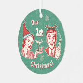 Onze 1e Kerstmis Retro Mideeuw echtgenoot Vrouw Metalen Ornament (Voorkant links)