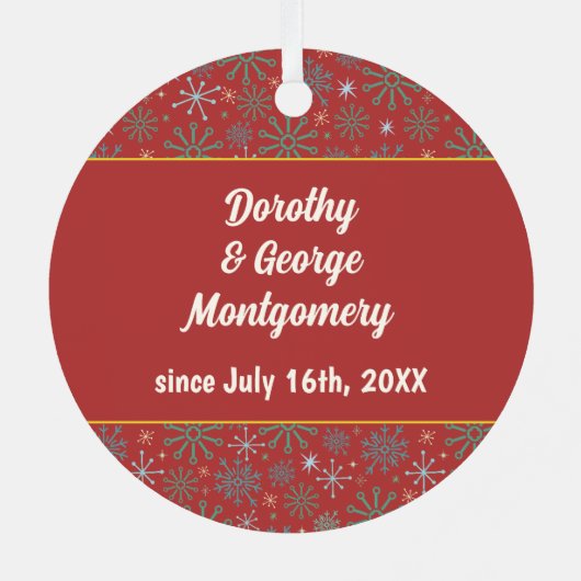 Onze 1e Kerstmis Retro Mideeuw echtgenoot Vrouw Metalen Ornament (Achterkant)