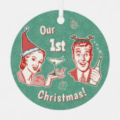 Onze 1e Kerstmis Retro Mideeuw echtgenoot Vrouw Metalen Ornament (Voorkant)