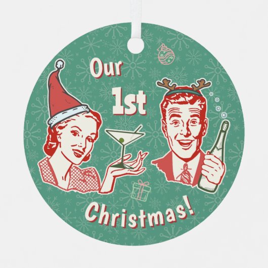 Onze 1e Kerstmis Retro Mideeuw echtgenoot Vrouw Metalen Ornament (Voorkant)
