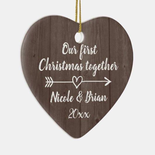 Onze 1e Kerstmis samen  bruin hout Keramisch Ornament (Rechts)