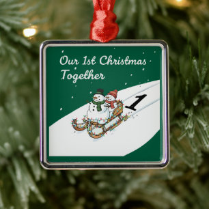 Onze 1e Kerstmis Samen Schattig Sneeuwmannen Kop Metalen Ornament