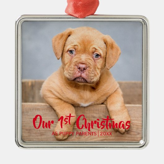 Onze 1e kerstpoppuppy ouders| Foto van Dog| Rood Metalen Ornament (Voorkant)