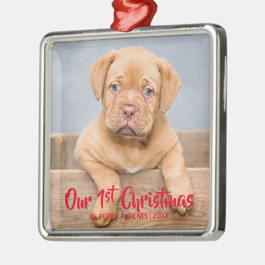 Onze 1e kerstpoppuppy ouders| Foto van Dog| Rood Metalen Ornament (Links)