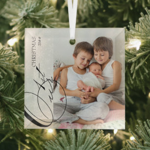 Onze 1e kerstscript verticale foto sneeuwvlok glas ornament