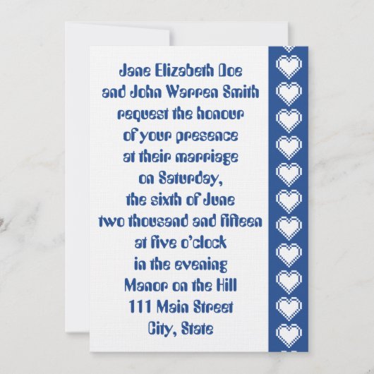Onze 8-bit harten in blauwe bruiloft uitnodiging (Voorkant)