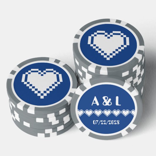 Onze 8-bits harten in blauw poker chips (Opstapeling)