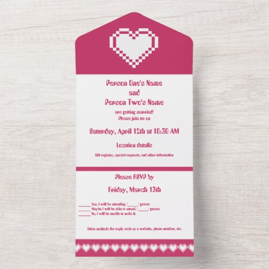 Onze 8-bits harten in frambozen all in one uitnodiging (Binnen)