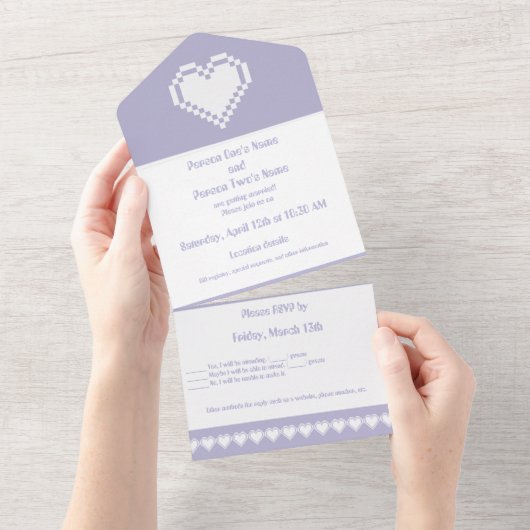Onze 8-bits harten in Lavender All In One Uitnodiging (Afscheurbaar)