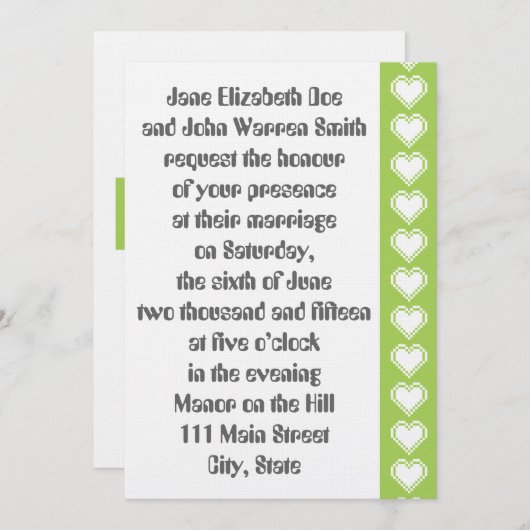 Onze 8-bits harten in Peridot Wedding Invitation Kaart (Voorkant / Achterkant)