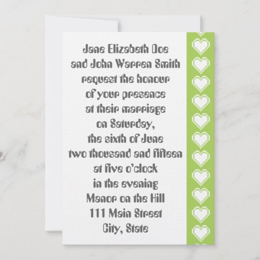 Onze 8-bits harten in Peridot Wedding Invitation Kaart (Voorkant)