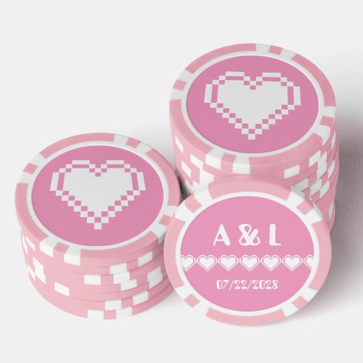 Onze 8-bits harten in Petal Pink Poker Chips (Opstapeling)
