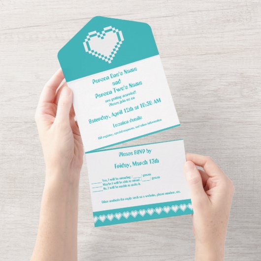 Onze 8-bits harten in Turquoise All In One Uitnodiging (Afscheurbaar)