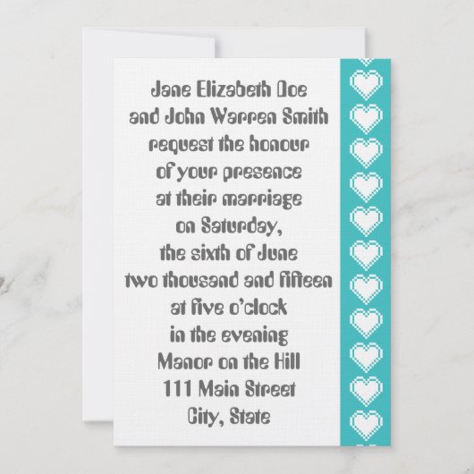 Onze 8-bits harten in Turquoise Wedding Invitation Kaart (Voorkant)