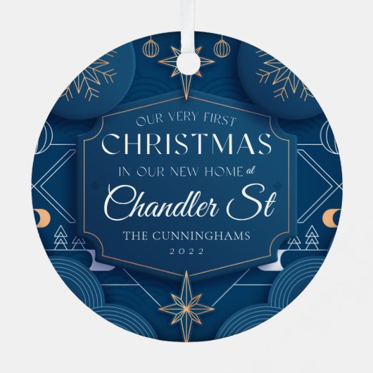 Onze allereerste kerst in onze nieuwe thuismoderne metalen ornament (Achterkant)