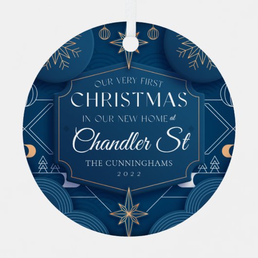 Onze allereerste kerst in onze nieuwe thuismoderne metalen ornament (Voorkant)