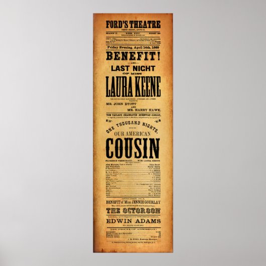 Onze Amerikaanse neef Ford's theater 14 april 1865 Poster (Voorkant)