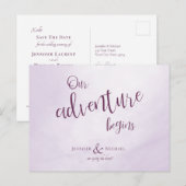 Onze avontuur begint calligrafie pruim bruiloft aankondigingskaart (Voorkant / Achterkant)