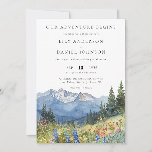 Onze Avontuur Berg Wilde Bloem QR Code Trouwen Kaart (Voorkant)