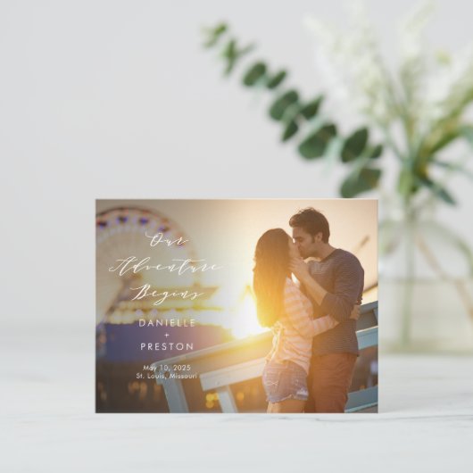 Onze Avontuur BEWERKBARE KLEUR Save the Date Briefkaart (Staand voorkant)