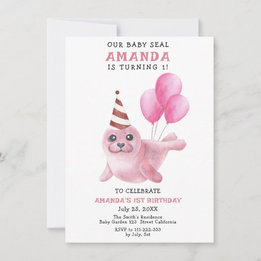 Onze Baby Seal 1e Verjaardag Roze Meisje Partij Kaart (Voorkant)