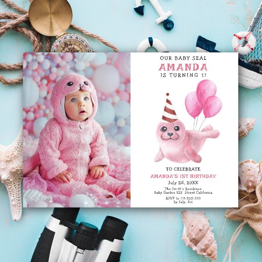 Onze Baby Seal 1e Verjaardag Roze Meisje Partij Kaart