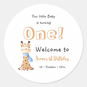 Onze baby wordt één Schattige Giraffe 1e Verjaarda Ronde Sticker