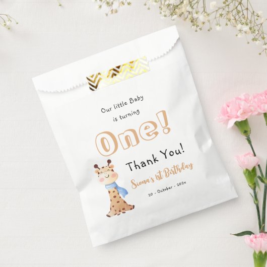 Onze Baby wordt een Schattigee Giraffe 1e verjaard Bedankzakje (Gezegeld)