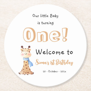 Onze Baby wordt een Schattigee Giraffe 1e verjaard Ronde Kartonnen Onderzetter